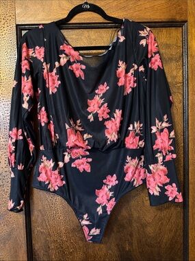 Free People Black Bodysuit with Pink Floral Print